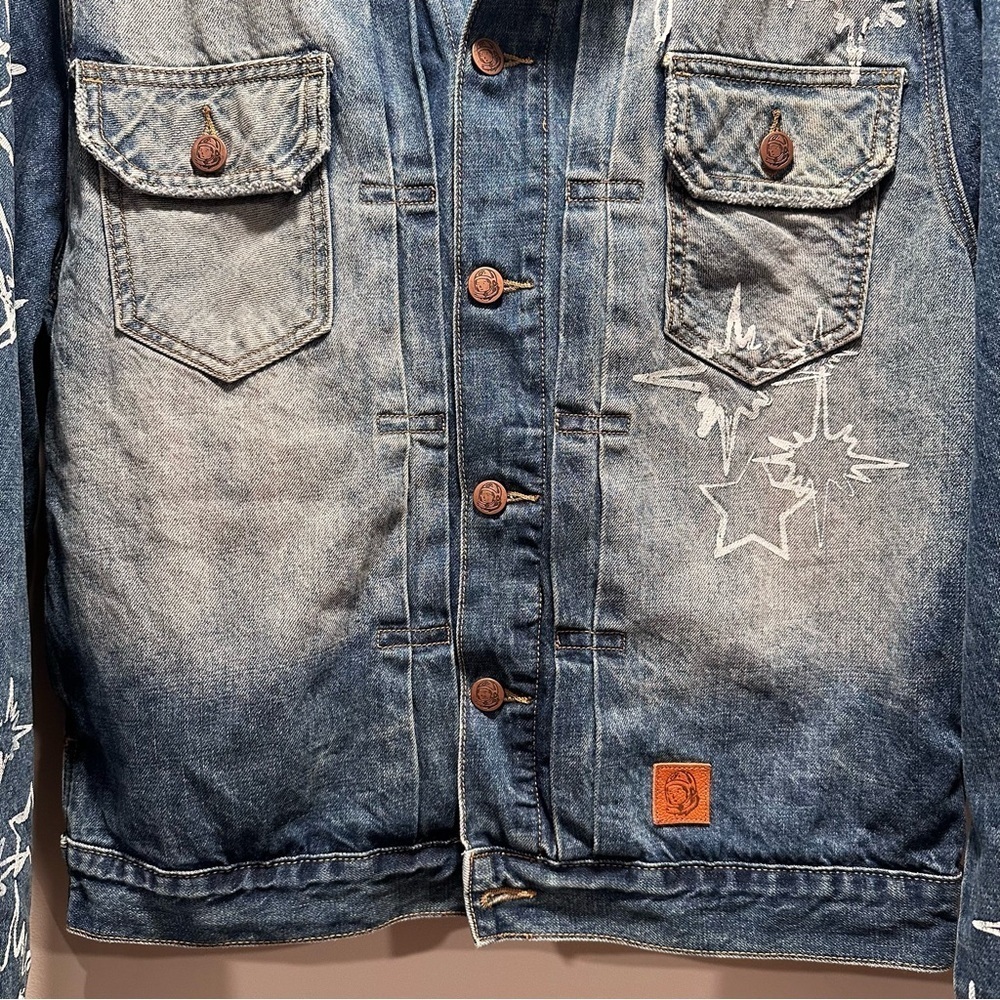 Billionaire Boys Club Button Up Denim Jacket Stars Faded Wash Distressed Collar - Picture 5 of 16